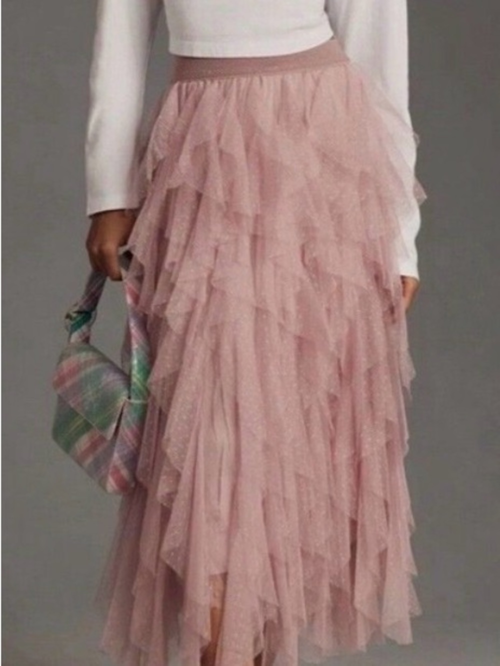 Anthropologie Blush Tiered Tulle Maxi Skirt